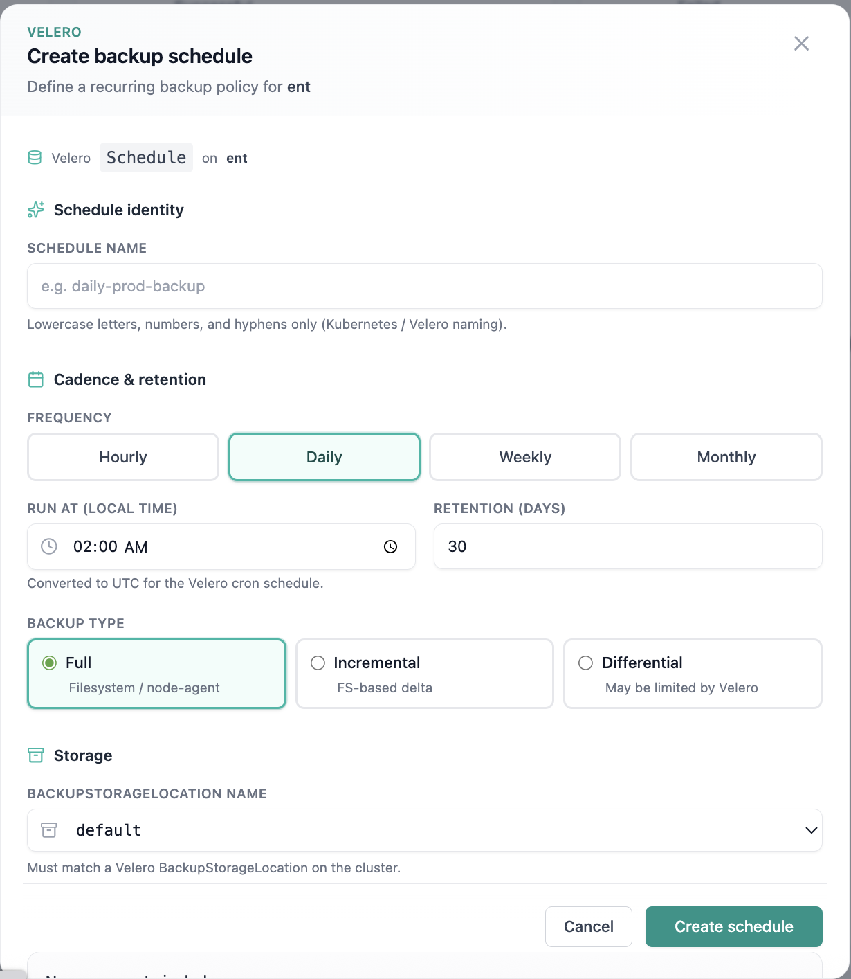 Create backup schedule form.